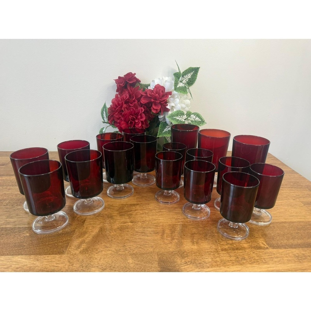Luminarc‎ France Ruby Red Glassware Set 18 MCM Bar Cart Goblets Retro Entertain